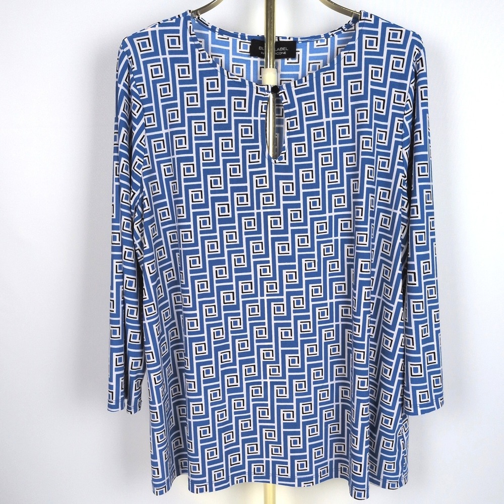 Black Label by Evan Picone Women XL Blouse Blue Geometric Keyhole J13M11VD714